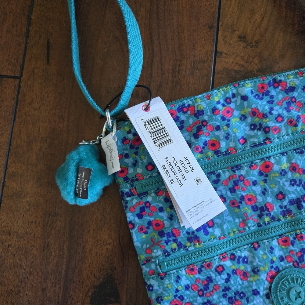 Kipling Keiko Crossbody Lightweight Shoulder Bag Teal Floral Print Monkey Charm - Picture 4 of 8